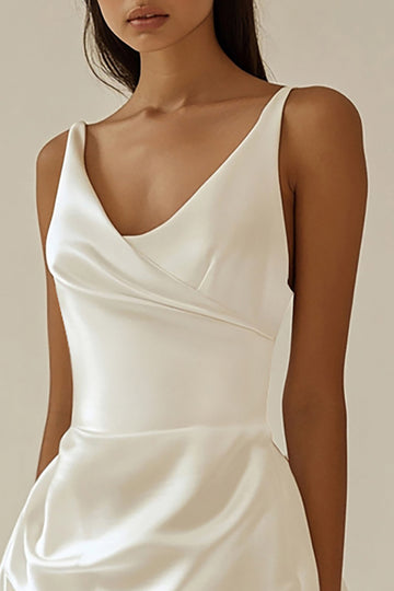 A Line Satin V Neck White Short Graduation Dress